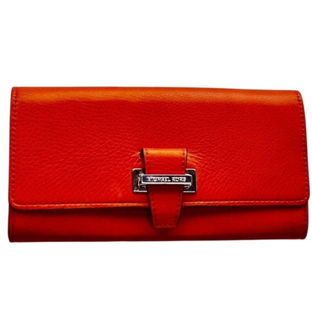 Michael Kors Orange Pebbled Leather Continental Flap Wallet Silver Logo Bar